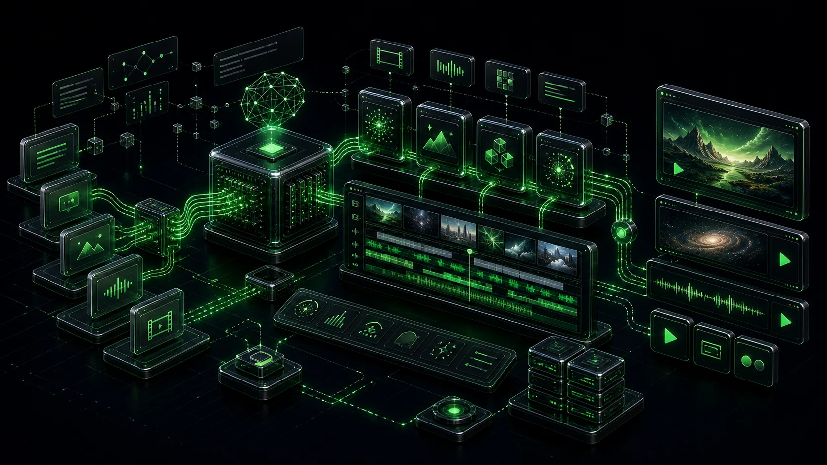 Isometric infrastructure cover for Best AI Video Creation Tools — No Editing Skills Needed (2026)
