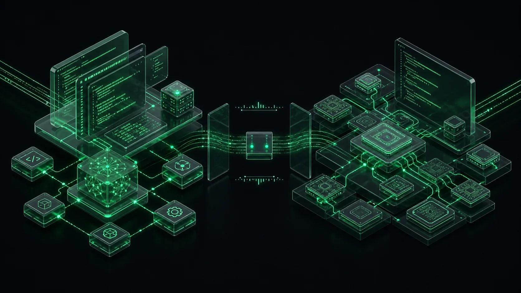 Abstract dark interface showing prompt loops becoming a goal-driven AI coding workspace