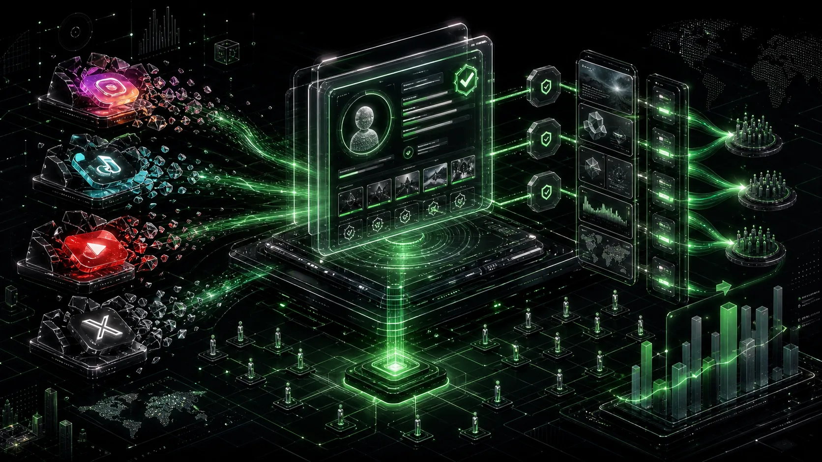 Isometric dark editorial visualization of a creator identity trust layer forming inside search infrastructure