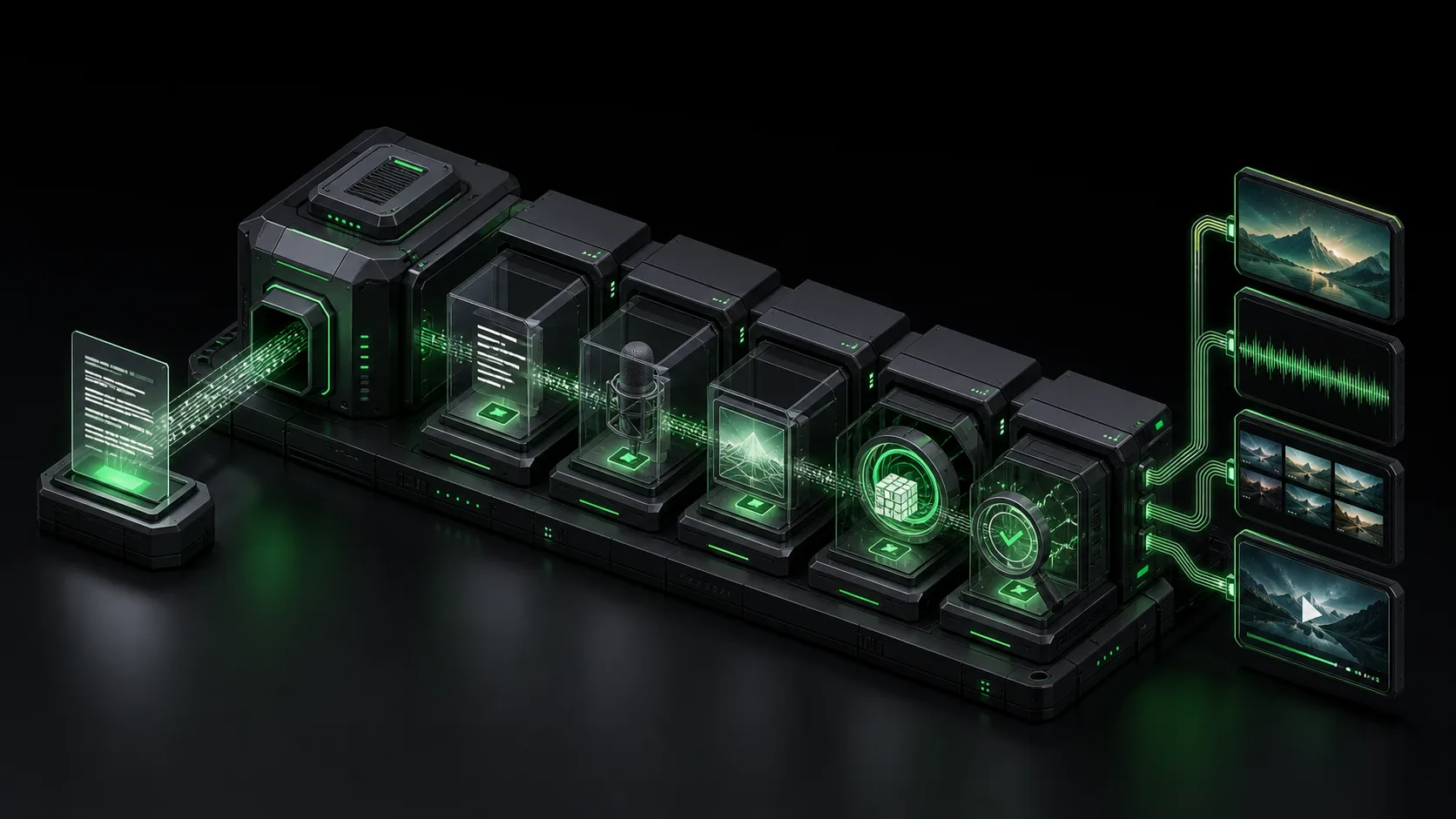 Isometric AI video production pipeline with connected stages for script, voice, visuals, render, and QA.