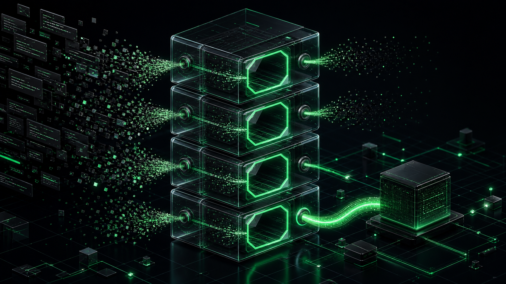 Isometric dark interface showing a Claude Code decision ladder filtering unnecessary code into one safe compact module.